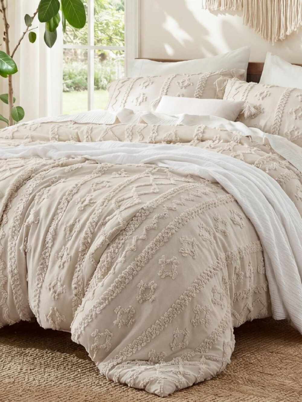 Boho Comforter Set Queen Size,Bedroom Decor Bedding Set Beige